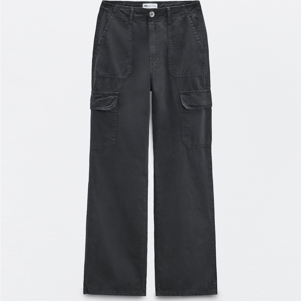 ZARA High Rise TRF Straight Leg Cargo Pants - Navy